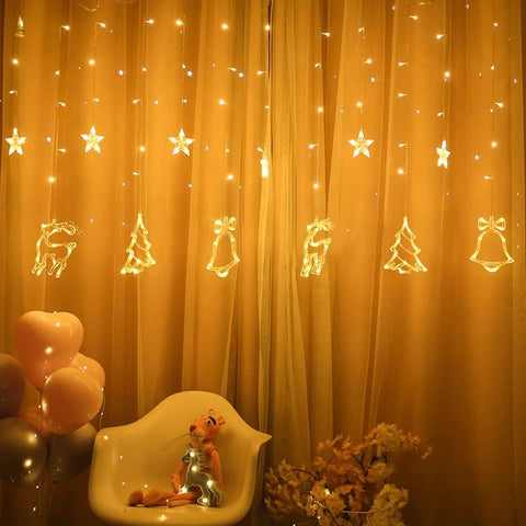 GlobaLink Christmas Curtain Fairy Lights – 138 Warm White LED Stars, Reindeer & Tree Decorations with 8 Flash Modes - Bring a Little Christmas Magic to Every Window