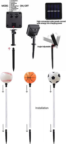 Solar Garden Sports Ball Theme Party Stake Lights Soccer Basketball Football Baseball Mixed LED Landscape Path Lights Indoor/Outdoor Christmas Festival Home Patio Decoration Lamps