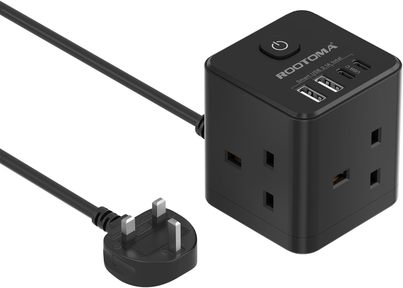 Black power adapter with multiple outlets and USB ports on a white background