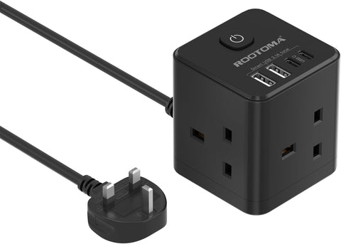 Black power adapter with multiple outlets and USB ports on a white background
