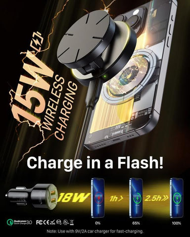 YOSH for MagSafe Car Charger Mount, 15W Fast Charging Magnetic Dashboard Phone Holder with 36W QC3.0 Adapter for iPhone & Android