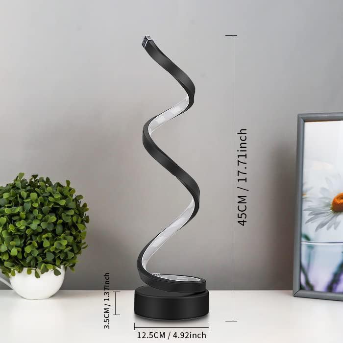 Modern black LED table lamp with measurements on a neutral background