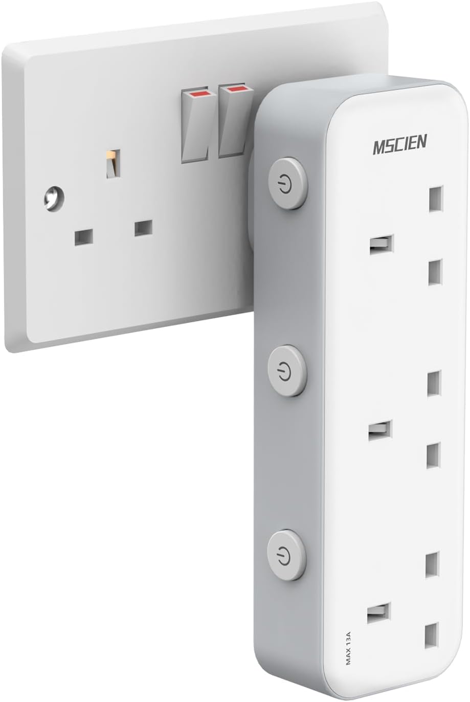 MSCien 3 Gang Plug Adaptor with LED Indicators – 13A 3250W Narrow Multi Plug with Individual Switches - Keep Your Everyday Devices Neatly Powered