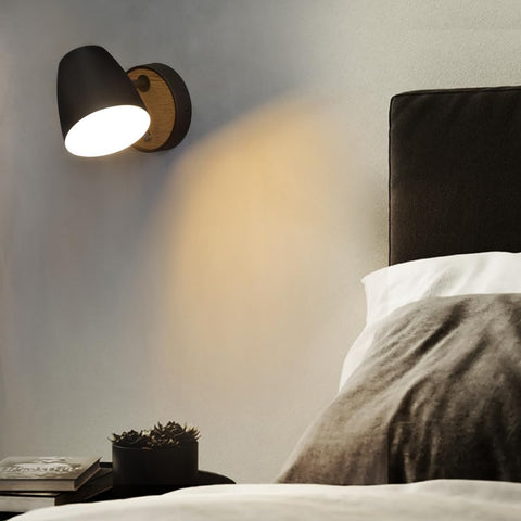 Black Wall Light for Bedroom,Wood Wall Lamp with Switch Industrial,Aluminum Shade 360°Rotatable,Modern Indoor Wall Lighting for Bedside,Living Room,Hallway,Stairs,Bathroom,Storeroom,Reading Lamp E27