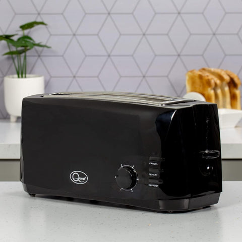 4 Slice Black Toaster – Extra Wide Long Slots for Crumpets & Bagels – 6 Browning Settings – Reheat & Defrost Function