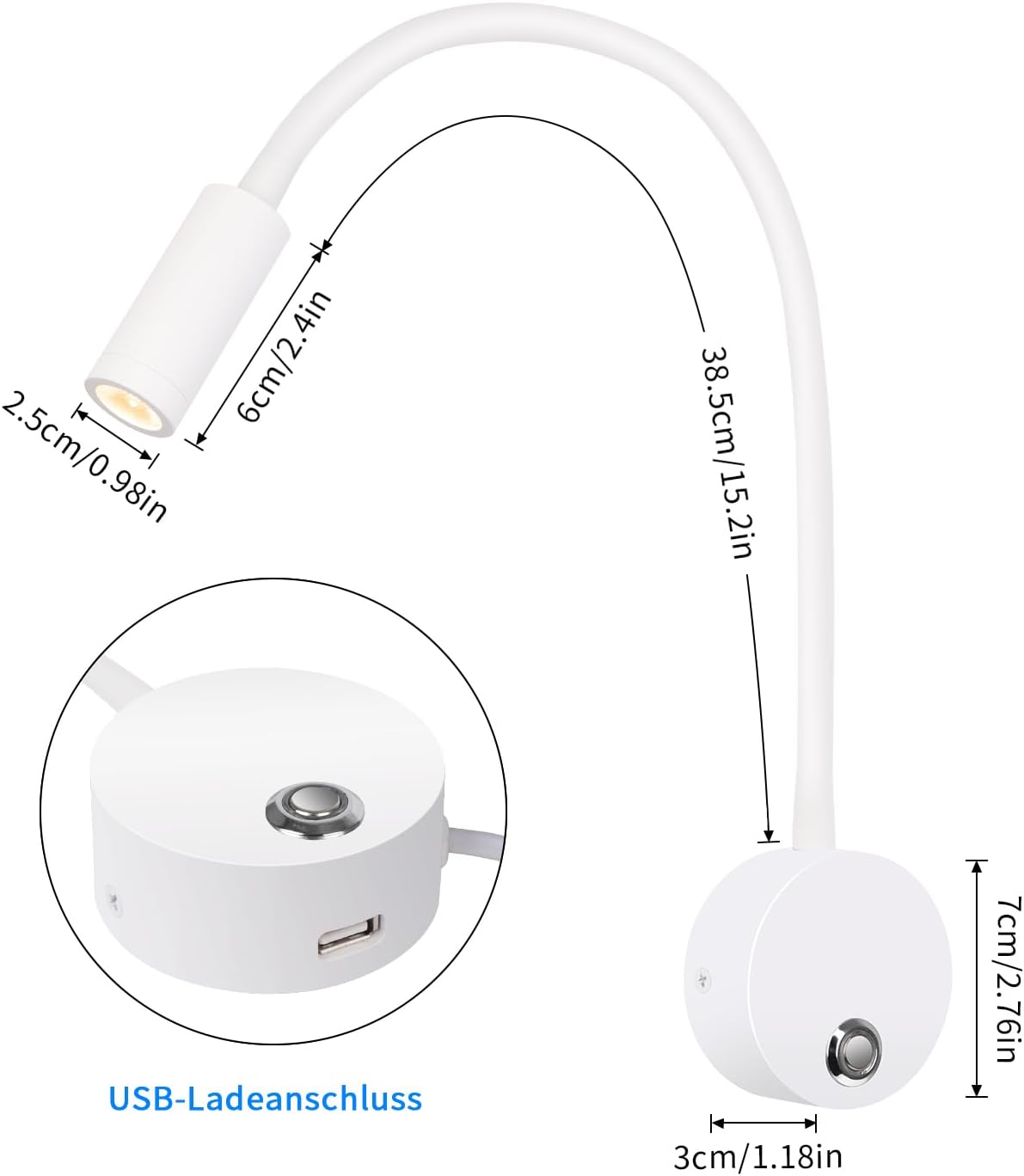 White LED reading lamp with USB charging port and measurements on a white background