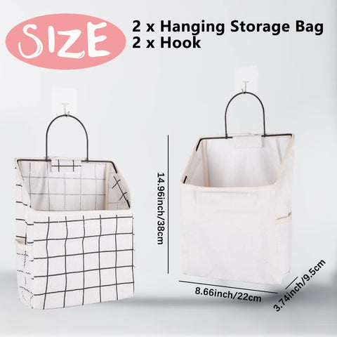 BieFuSin 2-Pack Wall Hanging Storage Bags, Grey Plaid Cotton Linen Organisers with Metal Frame, Waterproof Lining & Side Mesh Pockets for Bedroom, Bathroom & Kitchen