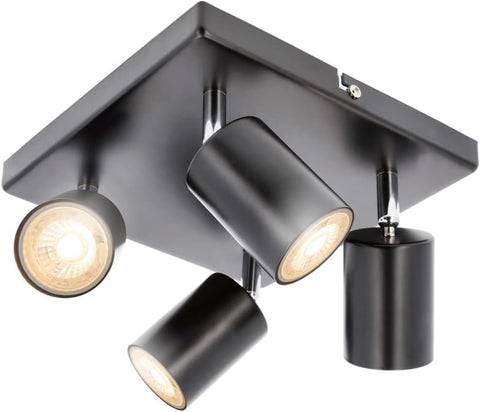 Ceiling light fixture with three adjustable lights on a white background