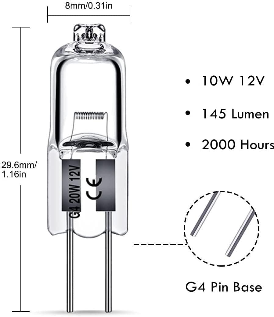 G4 Halogen Light Bulbs 20W 12V Clear Capsule 2 Pin Lamp Bulb Halogen Pin Base Warm White Dimmable 10 Pack