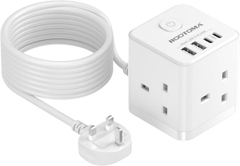 White power strip with multiple outlets and USB ports, featuring a coiled cable and plug.