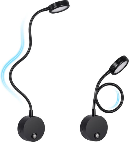 Two black flexible LED reading lights on a white background