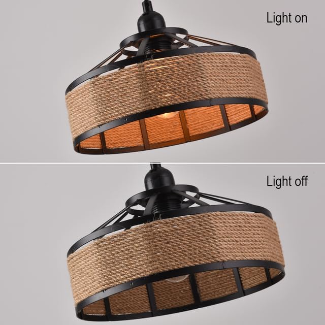 Pendant light with woven shade showing 'Light on' and 'Light off' states on a gray background.