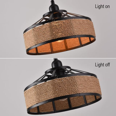 Pendant light with woven shade showing 'Light on' and 'Light off' states on a gray background.