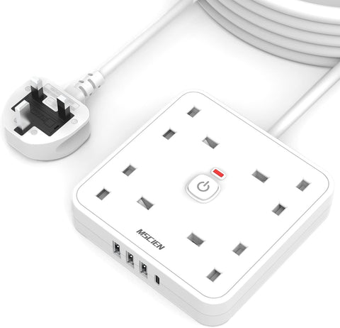 5M 4 Gang Extension Lead with USB C and 3 USB A Ports, Wall Mount Power Strip