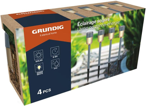 Grundig 4 Piece Solar Outdoor Light – Warm White Solar Garden Light – Solar Outdoor Lighting IP44 – Solar Garden Lamp with Rechargeable Battery