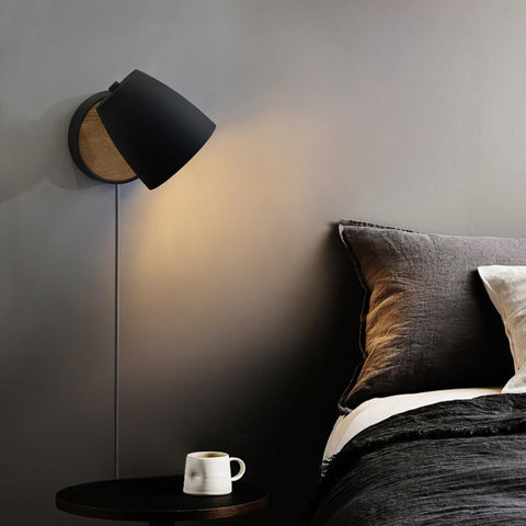 Plug in Wall Lamp Black,Bedside Wall Light with Switch,Modern Wood Sconce for Bedroom with 180°Rotation Metal Shade,Indoor E26 Wall Lamp for Living Room,Dining Room,Hallway,Stairway