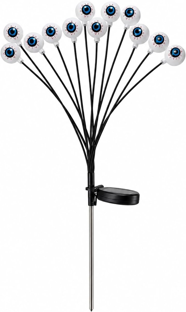 Solar Powered Halloween Eyeball Garden Lights, 12-Piece Green LED Stake Set, IP65 Waterproof Outdoor Lawn and Pathway Decorations.