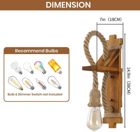 SEEBLEN Wall Sconces Set of Two Farmhouse Wooden Wall Sconce with Natural Hemp Rope,Boho Wall Lamps for Bedroom Beside Living Room Fireplace