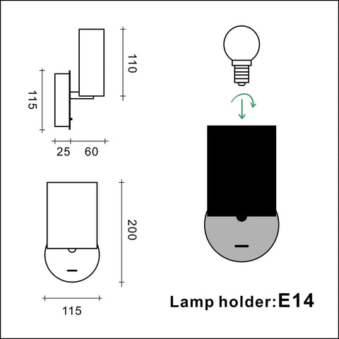Modern Aluminium Wall Lamp with Black Switch, 90° Swivel Lampshade, E14 Bulb, for Bedroom, Living Room, Hallway, Hotel