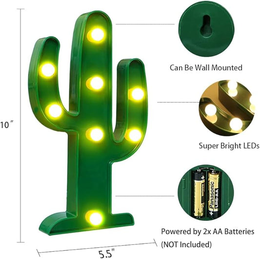 Designer Cactus Sign Lights, Warm White LED Lamp Tropical Green - Living Room, Bedroom Table & Wall Christmas Decoration for Kids & Adults - Battery Powered 10 Inches High