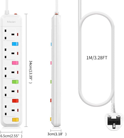 Mscien 1M 5 Way Extension Lead with Individual Switches & Surge Protection – Keep Your Everyday Essentials Connected, Your Space in Order