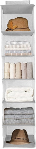 YINGGG 6-Shelf Hanging Wardrobe Organiser, Grey Non-Woven Fabric Storage Rack with 2 Wide Hook-and-Loop Straps for Sweaters, Shoes, Towels and Accessories