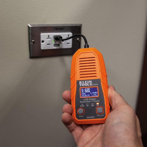 Klein Tools ET910 USB-A Power Meter Tester – Digital Voltage Current Capacity Energy Resistance Monitor 3–20V DC with Built-in Load Testing 0.5A–3A for USB Fast Charge & QC Ports