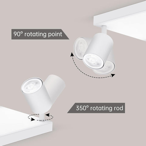 Two white ceiling lights with labeled rotation points on a neutral background