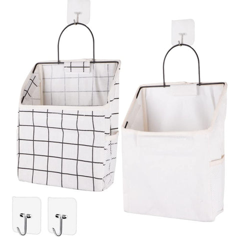 BieFuSin 2-Pack Wall Hanging Storage Bags, Grey Plaid Cotton Linen Organisers with Metal Frame, Waterproof Lining & Side Mesh Pockets for Bedroom, Bathroom & Kitchen
