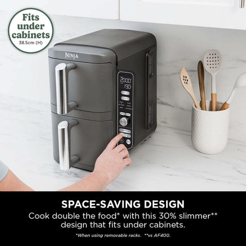 Double Stack XL Air Fryer with Dual Drawers, 9.5L Capacity, 6 Cooking Functions, 4 Levels, Space-Saving Design – Grey