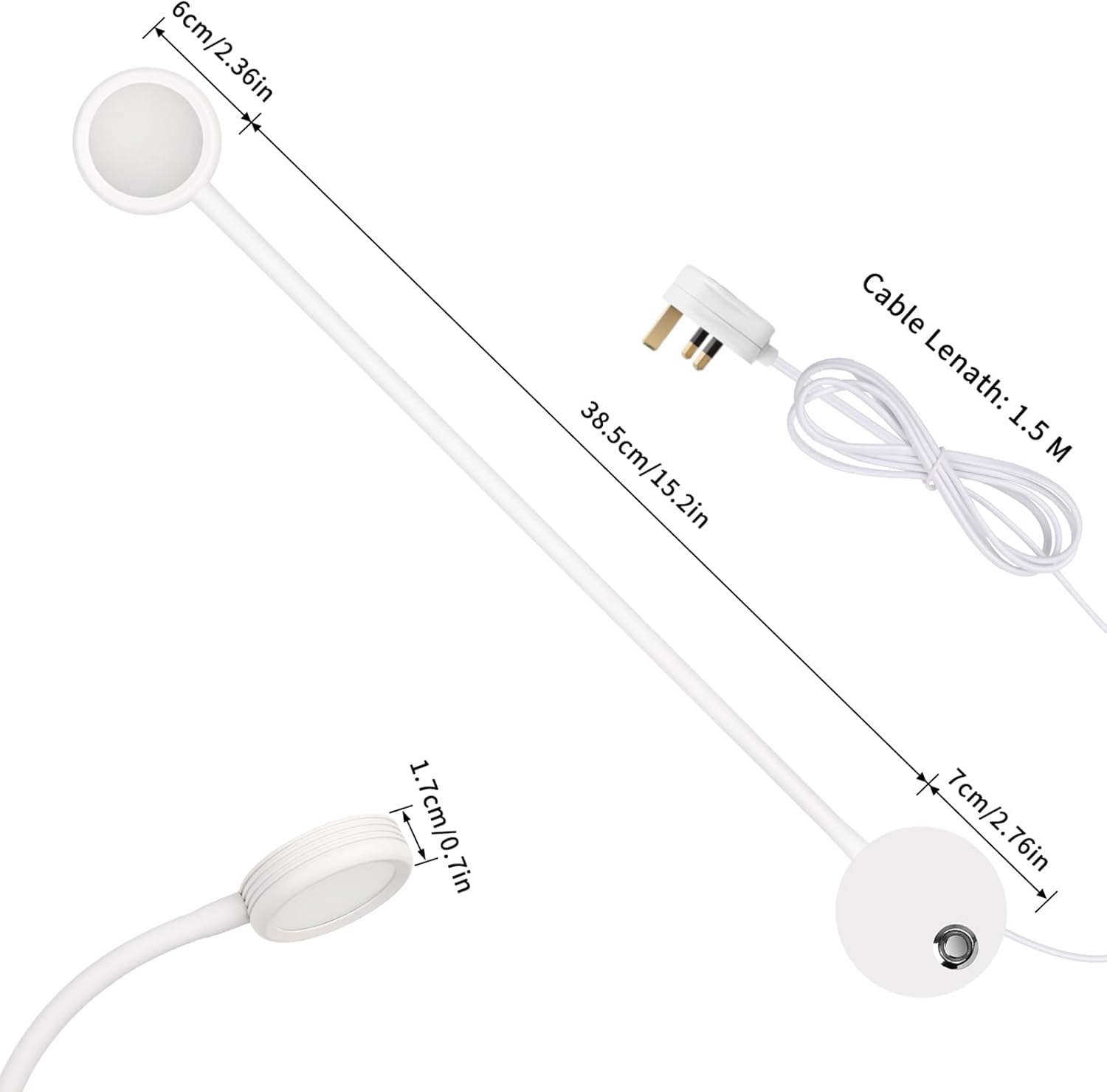 Measurement chart of a white lamp with labeled dimensions on a white background