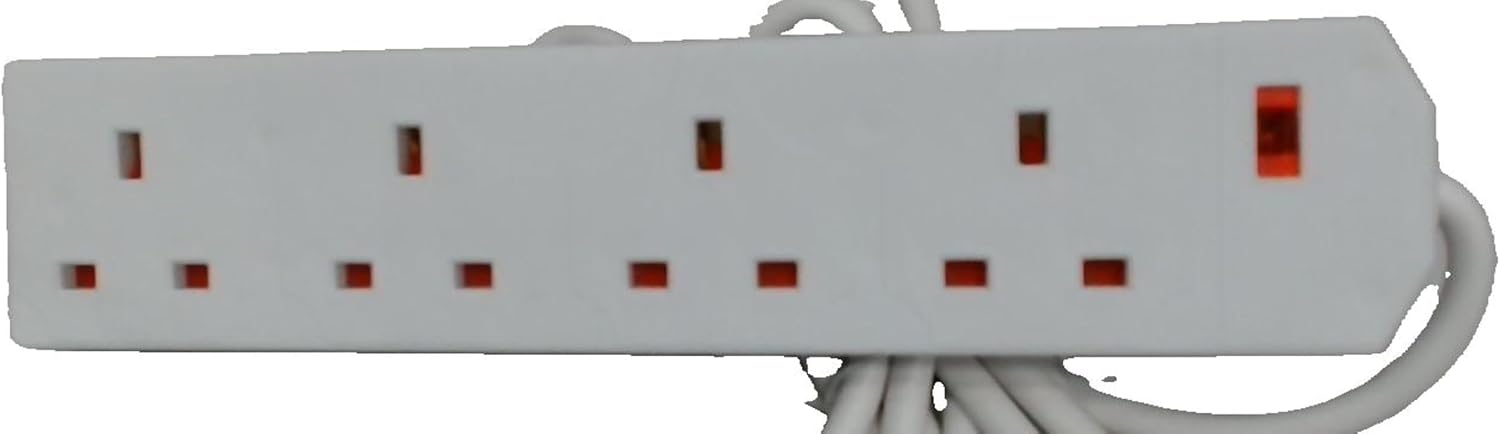 White power strip with multiple sockets on a white background