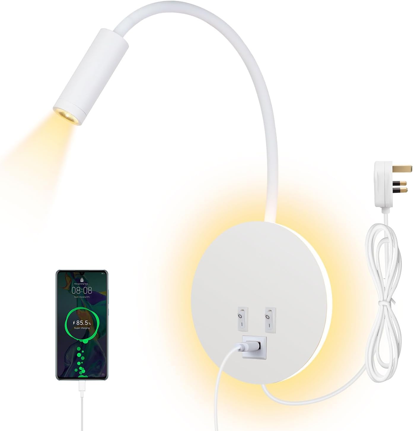 Wall-mounted light fixture with flexible arm and smartphone displaying app interface on a white background