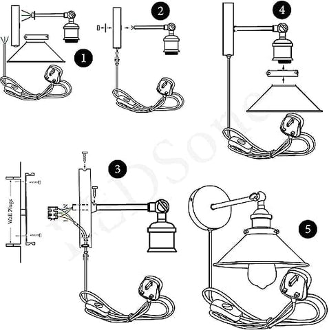 DC VOLTAGE Industrial Plug in Wall Light Fixture, Vintage 2m Fabric Cable 3 Pin Wall Mounted Sconce Adjustable Arm 180º LED E27 Base Antique Retro Metal 22cm Shade for Bedside Kitchen