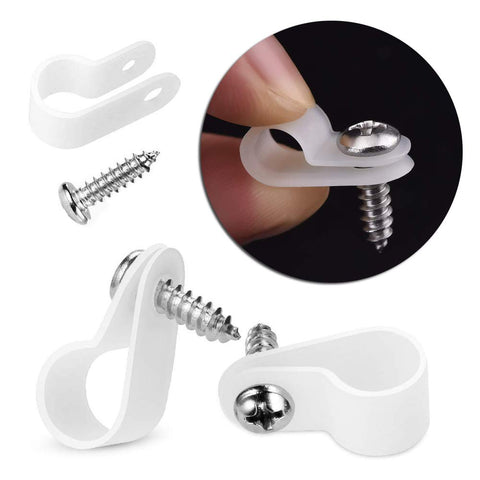 100pcs R Type Nylon Cable Clips,1/4inch cable management clips,Cable Tidy Clips,P Clips with Stainless Steel Screws,Cable Clips Outdoor for Home and Office (White)