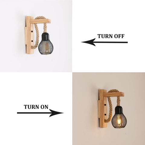 Wooden Wall Light with Hemp Rope, Industrial Wall Sconce Light Indoor, Metal Black Wall Lamp with E27 Socket for Living Room, Bedroom, Hallway, Corridor, Cafe Bar