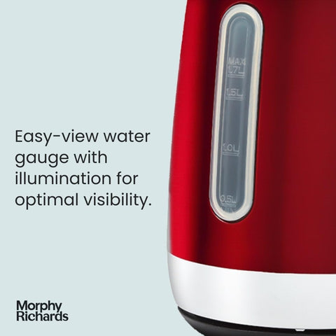 Morphy Richards Equip Kettle 1.7L – 3000W Rapid Boil, Removable Limescale Filter, Easy View Water Gauge, Stainless Steel, Red