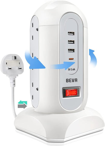 Tower Extension Lead with Surge Protection, 9 AC Outlets & 4 USB Ports, 1.65M Retractable Cable, Multi Plug Power Strip Tower