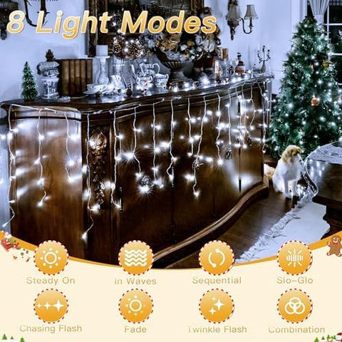 7.3M 216 LED Icicle Outdoor Christmas Lights – Cool White Hanging Fairy Lights for Roofs, Gutters, Windows & Walls - Give Your Home a Crisp Christmas Glow