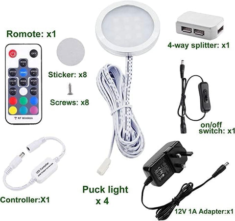 RGB Under Cabinet Kitchen Lights 4 Pack with Remote, Dimmable Puck Set