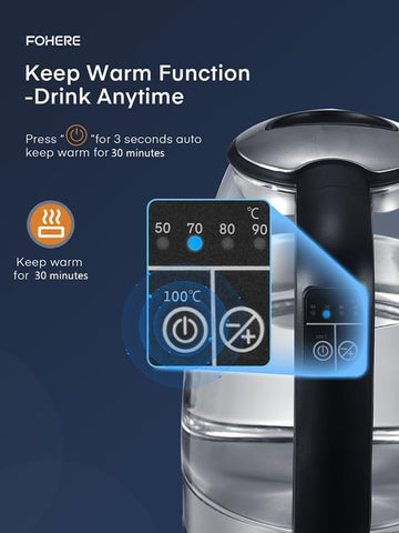 Electric Kettle 1.7L Glass, 2200W Fast Boil, 5-Color LED, Keep Warm, Auto Shut-Off, Temperature Control, Quiet Boiling –