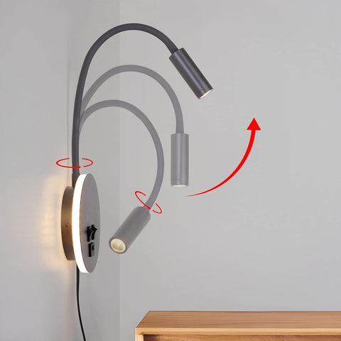 Modern wall-mounted light fixture with flexible arms on a plain background