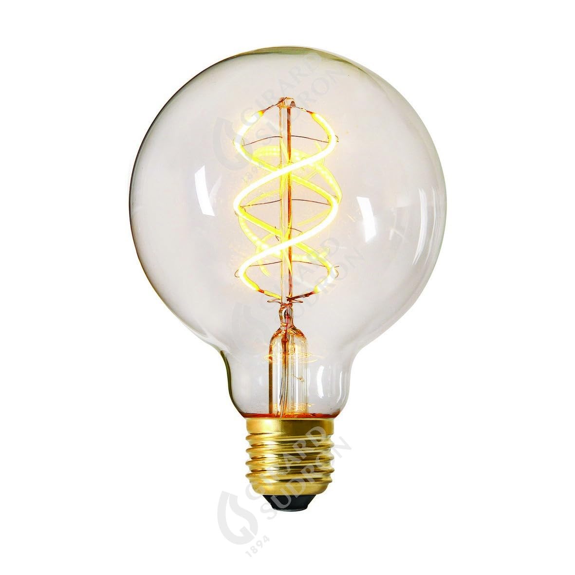 Vintage-style light bulb with spiral filament on a white background