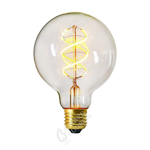 Vintage-style light bulb with spiral filament on a white background