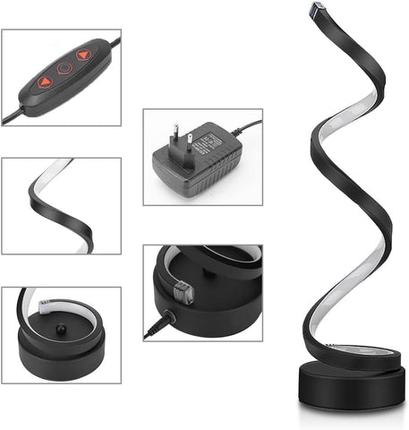 Black LED strip light with control panel and power adapter on a white background