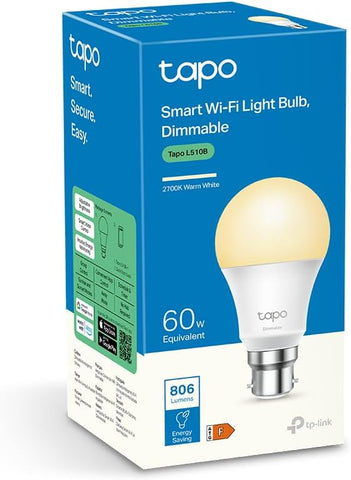 Tapo L510B WiFi Smart Bulb, B22 Smart Light Bulb, 8.3W (60W), Dimmable, Energy Saving, Schedule & Timer, Away Mode, Energy Saving, Preset for Convenience, Voice Control with Alexa & Google