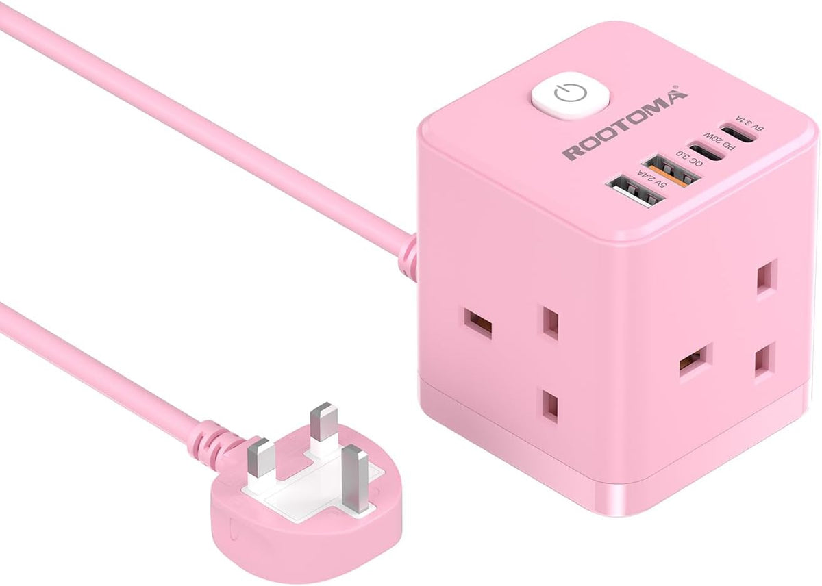 Pink power strip with multiple outlets and USB ports on a white background