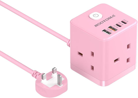 Pink power strip with multiple outlets and USB ports on a white background