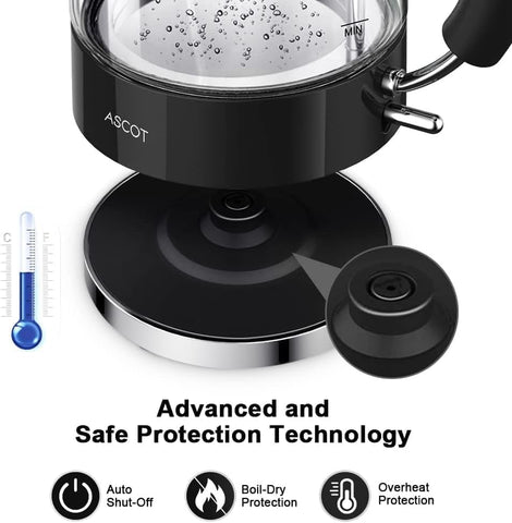 Glass Electric Kettle 1.5L – Fast Boil Tea Heater & Hot Water Boiler – Borosilicate Glass – Auto Shut-Off, Boil-Dry Protection – Black