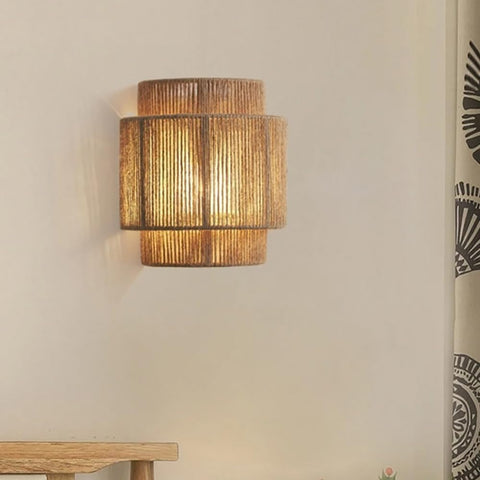 9 Inch Rattan Wall Sconce Boho Hemp Rope Rustic Wall Light